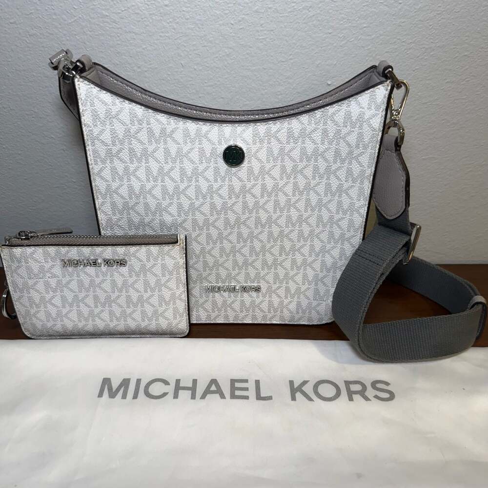 Michael Kors Jet Set Charm Small Logo Messenger Crossbody Vanilla Gray w/ Pouch